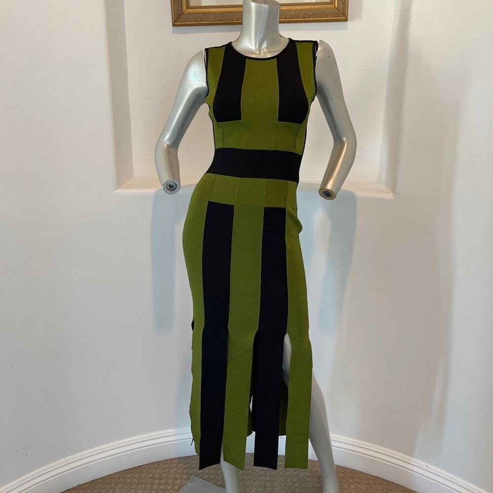David Koma XS Black Olive Colorblock Bandage Knit Maxi Dress  Fringe Hem Runway